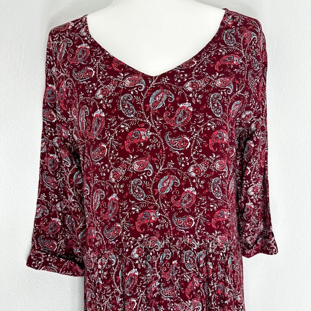 Garnet Hill Shirt Dress Women 10 Burgundy Paisley Knee Length 3/4 Sleeve Pockets - Picture 2 of 11